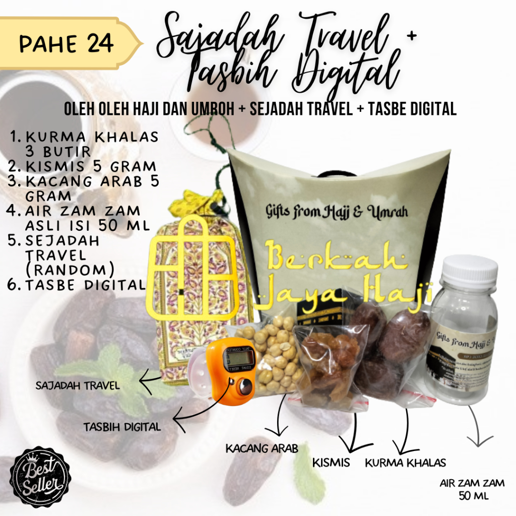 

Paket Hemat Oleh Oleh Haji Umroh isi 25pcs + Sejadah Travel + Tasbih Digital