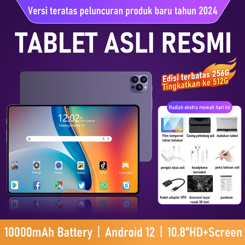 10,8 inci high-definition tablet 16GB+512GB tablet android permainan tablet 10000mAh tablet 5G table