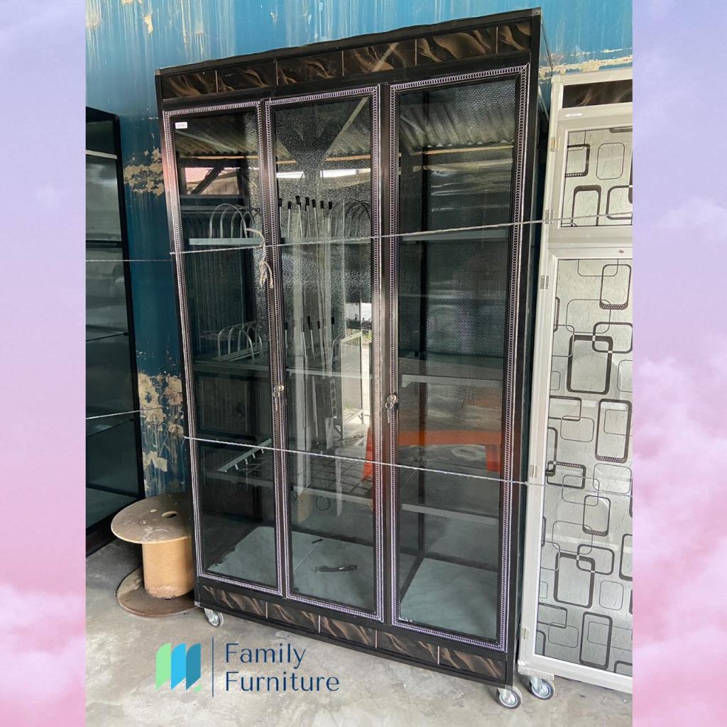 Lemari Rak Piring Tempahan 3 Pintu Jumbo Kaca Reben Hitam Minimalis