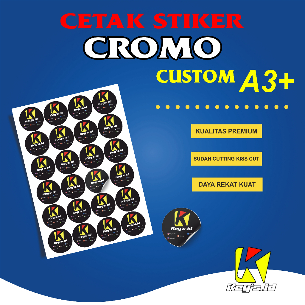 

CETAK STIKER CROMO CUSTOM A3+, CETAK STICKER CUSTOM SUDAH CUTTING, STIKER KEMASAN PRODUK