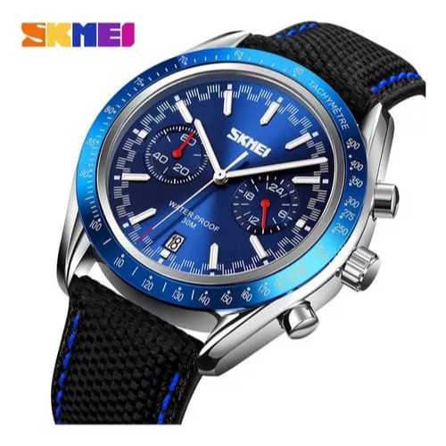 Jam Tangan SKMEI 9292 ORIGINAL Pria Analog Chrono Tali Kain Kulit Cowok Leather Semi Kain