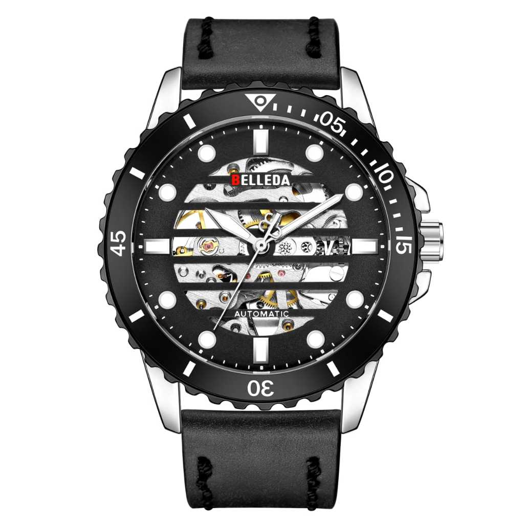 Jam Tangan Pria Belleda 9352-1 Sakelton Automatic Strap Kulit Anti Air 3Atm Watches