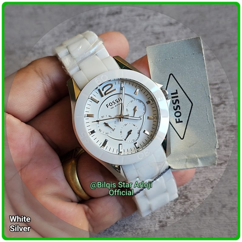 Jam Tangan Wanita Fossil Riley Case Silver Tali Keramik Original