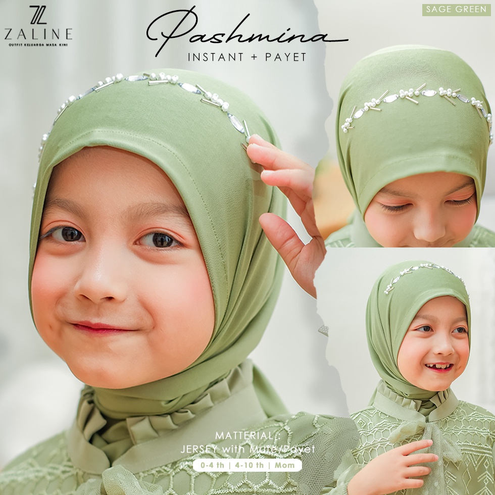 KODE J44B Hijab Pashmina Instan Anak Payet Sage Green Lebaran 224 Bahan Jersey Kaos Adem Jilbab Segi
