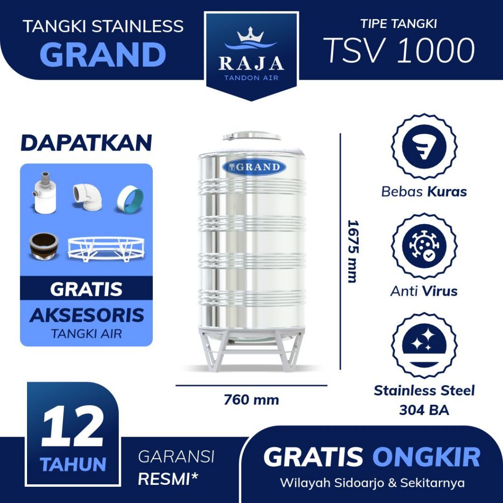 Tangki Tandon Toren Air Stainless Steel Grand TSV 1000 Garansi 12 Tahun Free Ongkir