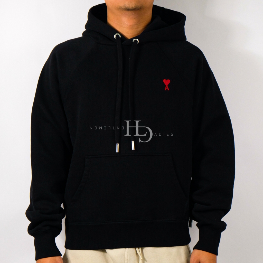 AMI Paris Red Ami De Coeur Heavy Loopback Hoodie Black