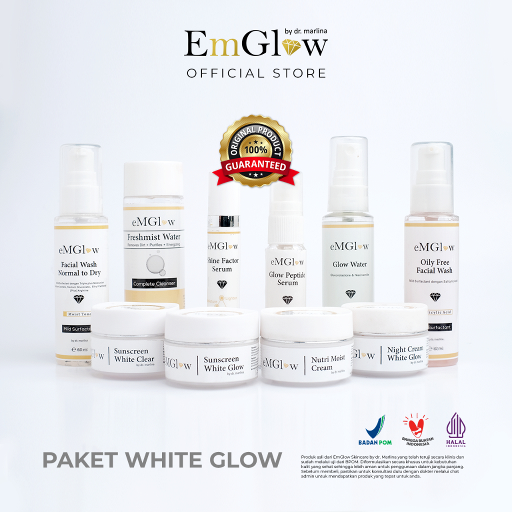 EmGlow - Paket WHITE GLOW | Set Skincare Pencerah Wajah Untuk Kulit Kering & Berminyak