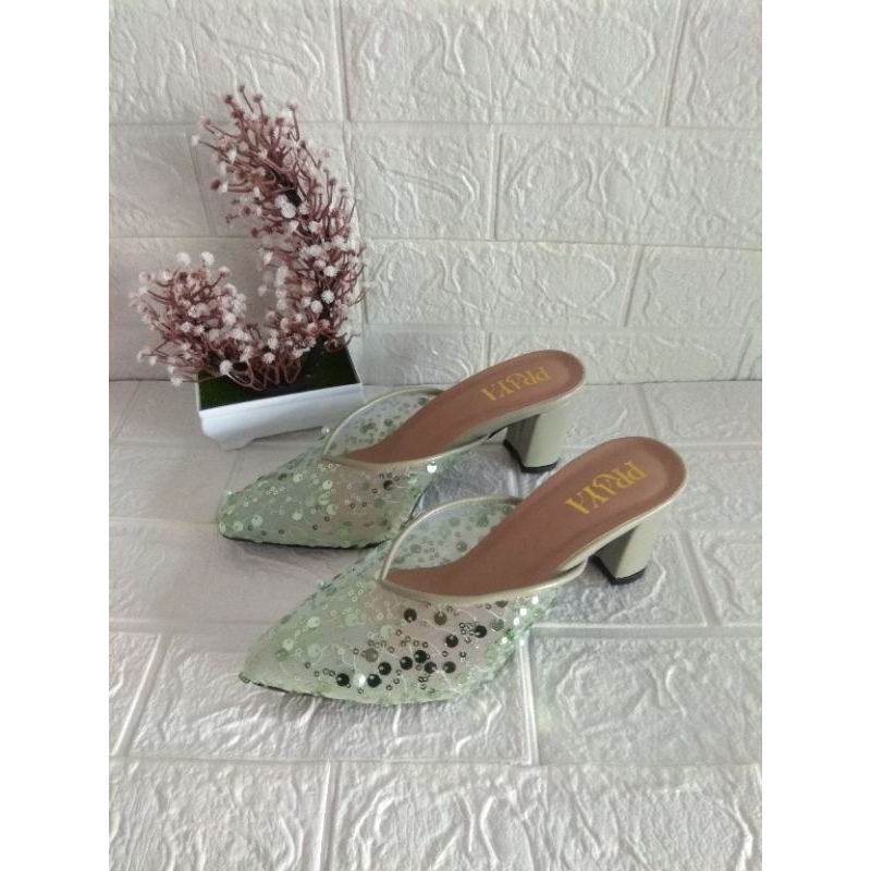 Sandal Selop Pesta Pengantin Payet Heels Hak 7 cm