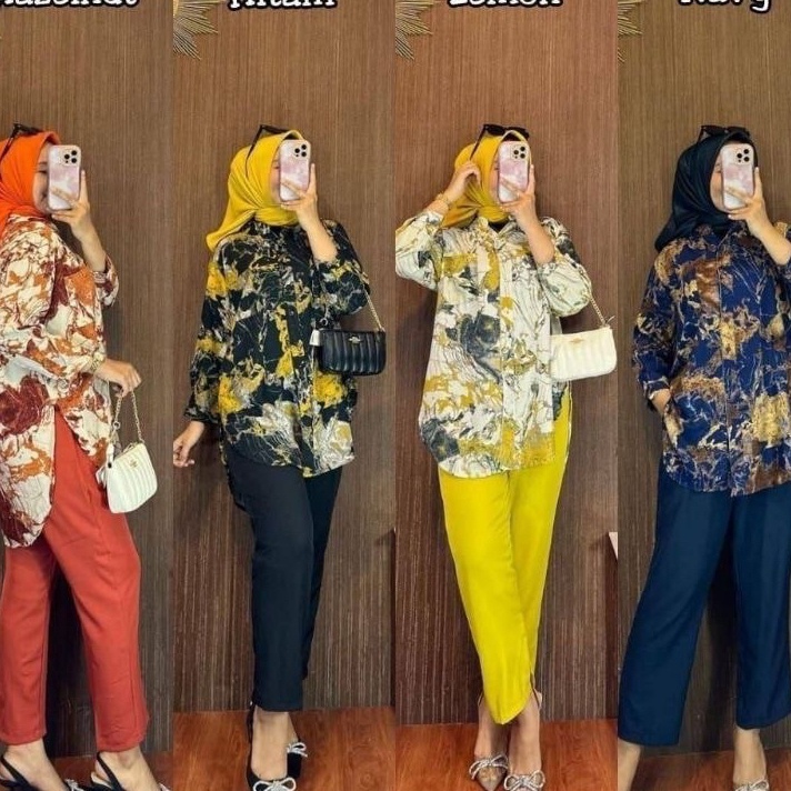 Terbatas BAJU ONE SET WANITA MOTIF MARBLE NADIRA SETELAN SYAKILA PREMIUM SETCEL KEMEJA KANTOR KEKAN 