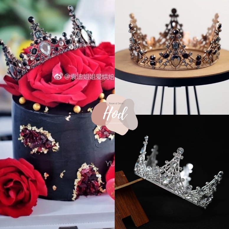 KODE Y26A Topper Bold Crown Black Silver Dark Gold Hiasan Birthday Cake Tiara Hitam Mahkota Kristal 
