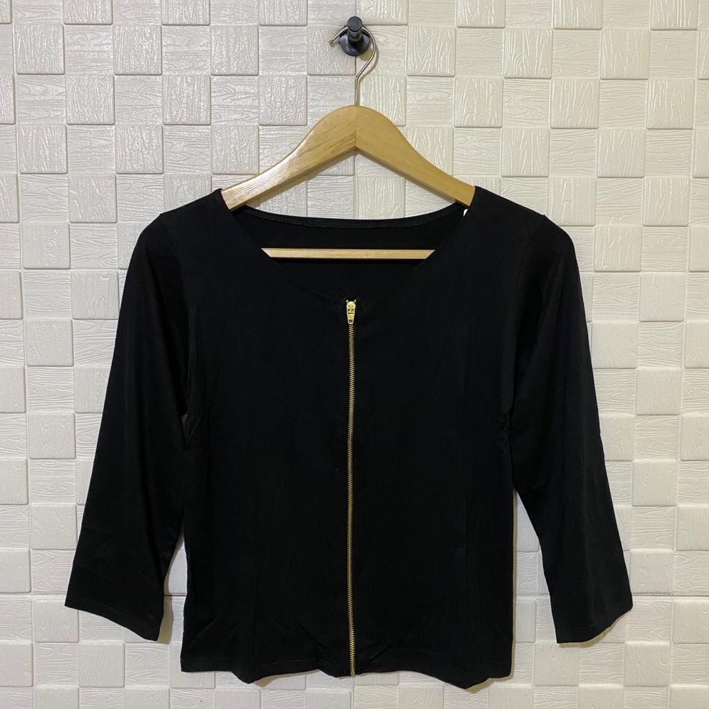 Atasan Zipper Wanita Lengan 7/8 / Kaos Wanita Resleting Depan / Baju Wanita Dewasa /T-Shirt Crop Top