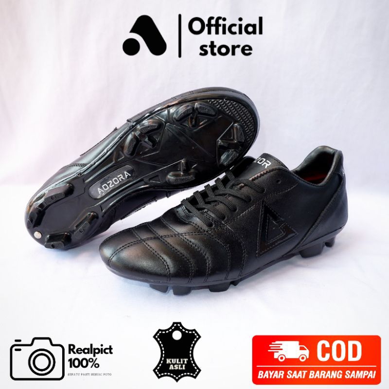 sepatu bola anak original terbaru bahan kulit asli AOZORA LUGGA fg hitam full. sepatu bola juniar ba