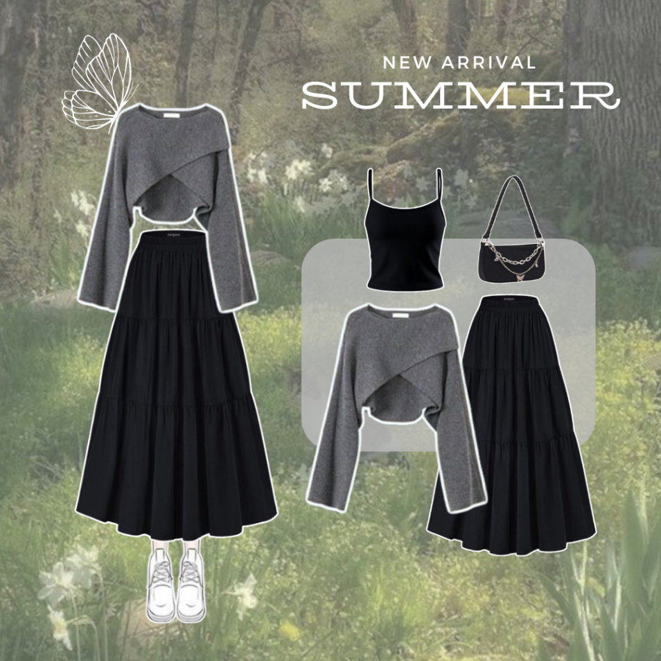 3IN1 Fairy Sweater Wanita Lengan Panjang Atasan Rajut Crop Set Rok Ruffle Hitam Kekiniann ( tanktop 