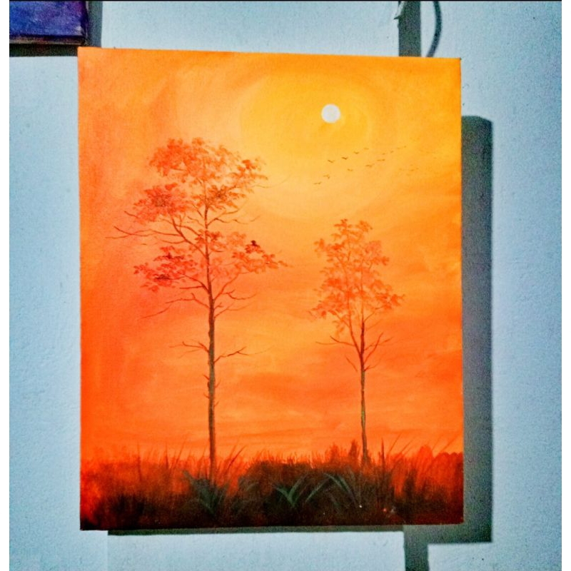LUKISAN SENJA ALAM PEMANDANGAN PEGUNUNGAN MURAH 100 % BUATAN TANGAN