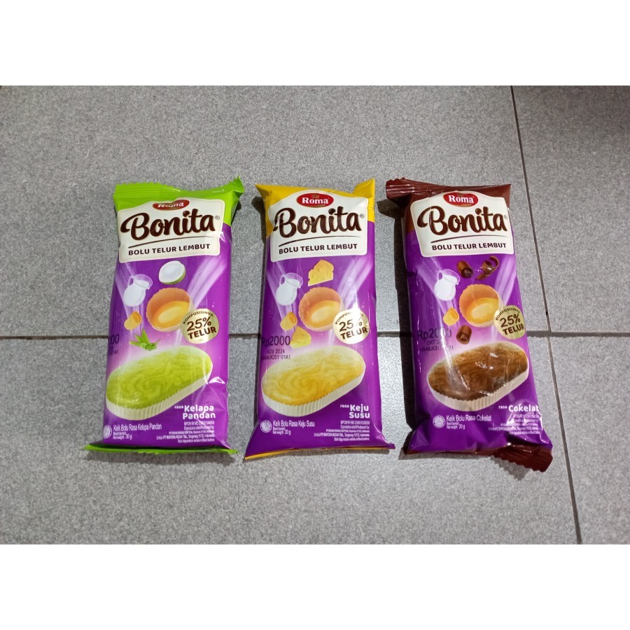 Bolu BONITA ROMA Bolu Telur Lembut Keju / Kelapa Pandan / Cokelat 30 g