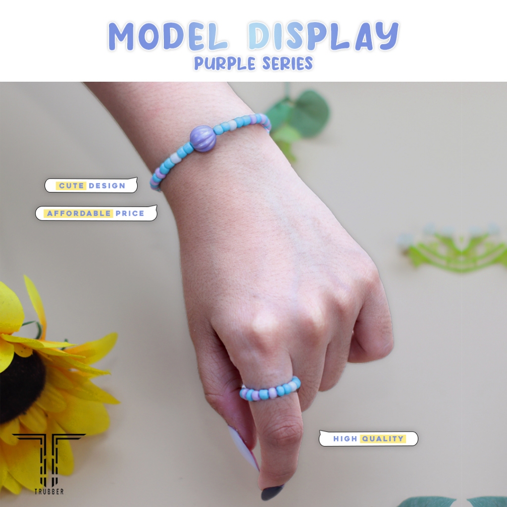 Gelang Cincin Manik Manik Aesthetic Korea  Set Gelang Cincin Aesthetic Blue Series Set Ring Bracelet