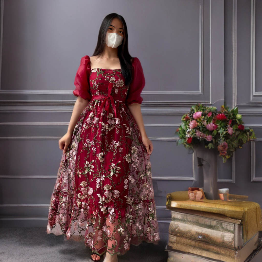 Maxi Dress Wanita Bunga Gardenia Nomi Dress Natal Party Dress Brukat Tile Square Neck Dress Sabrina