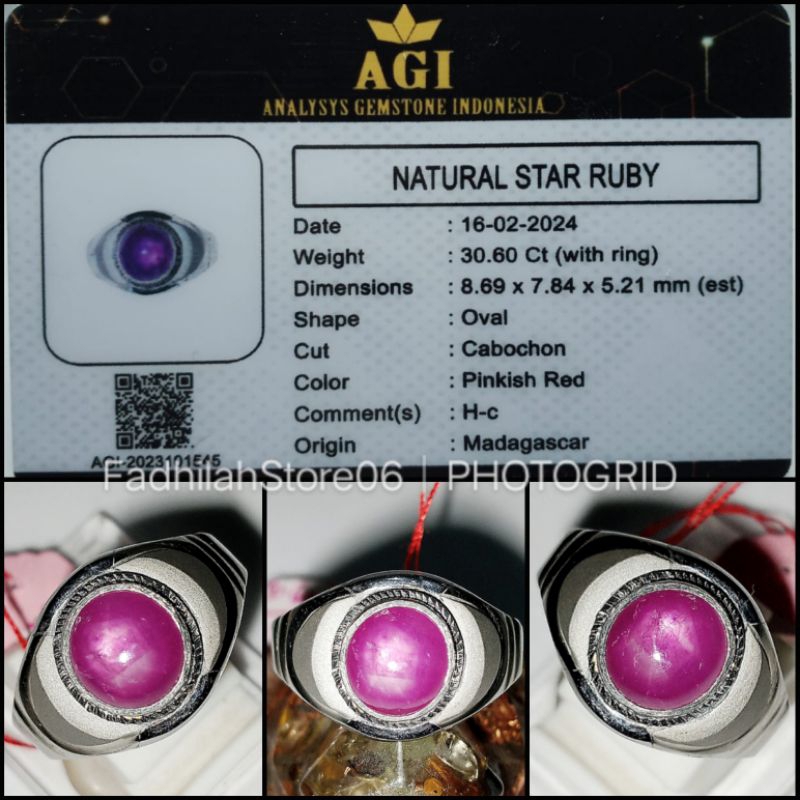 Cincin Monel Natural Star Ruby Madagascar Oval Cabochon + Memo Lab