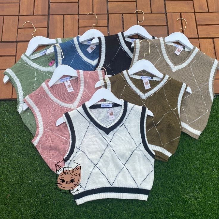 berkualitas Vest Preppy Crop  Rompi Rajut Argyle Plaid
