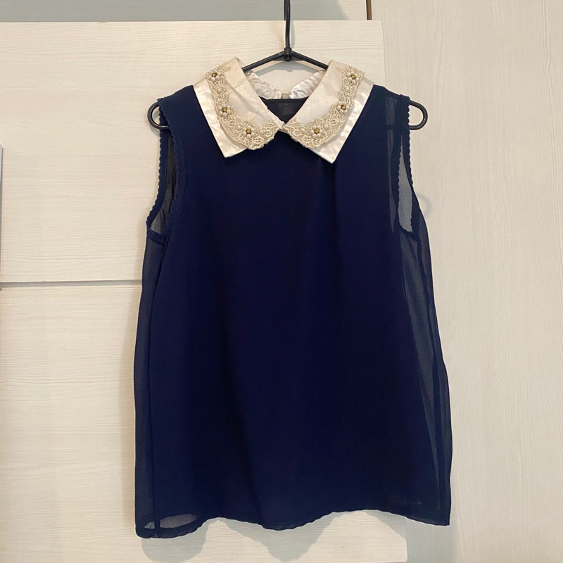 Preloved Blouse Blus Biru Tua Navy Wanita Berkerah Sifon