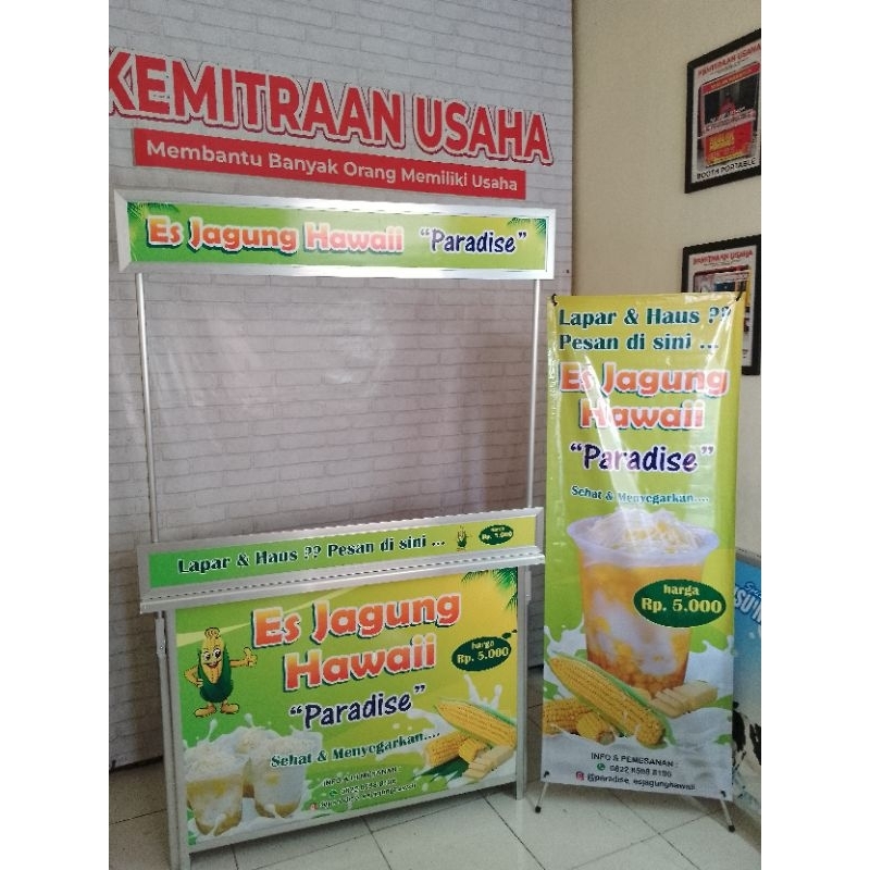 Booth Portable Meja Lipat Rombong Es Teh ukuran 120x60 bahan aluminium dengan banner promosi