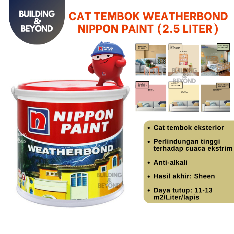 CAT TEMBOK EKSTERIOR NIPPON PAINT WEATHERBOND LUAR RUMAH CREAM PINK COKLAT SAGE GREEN HIJAU 2.5 LITE