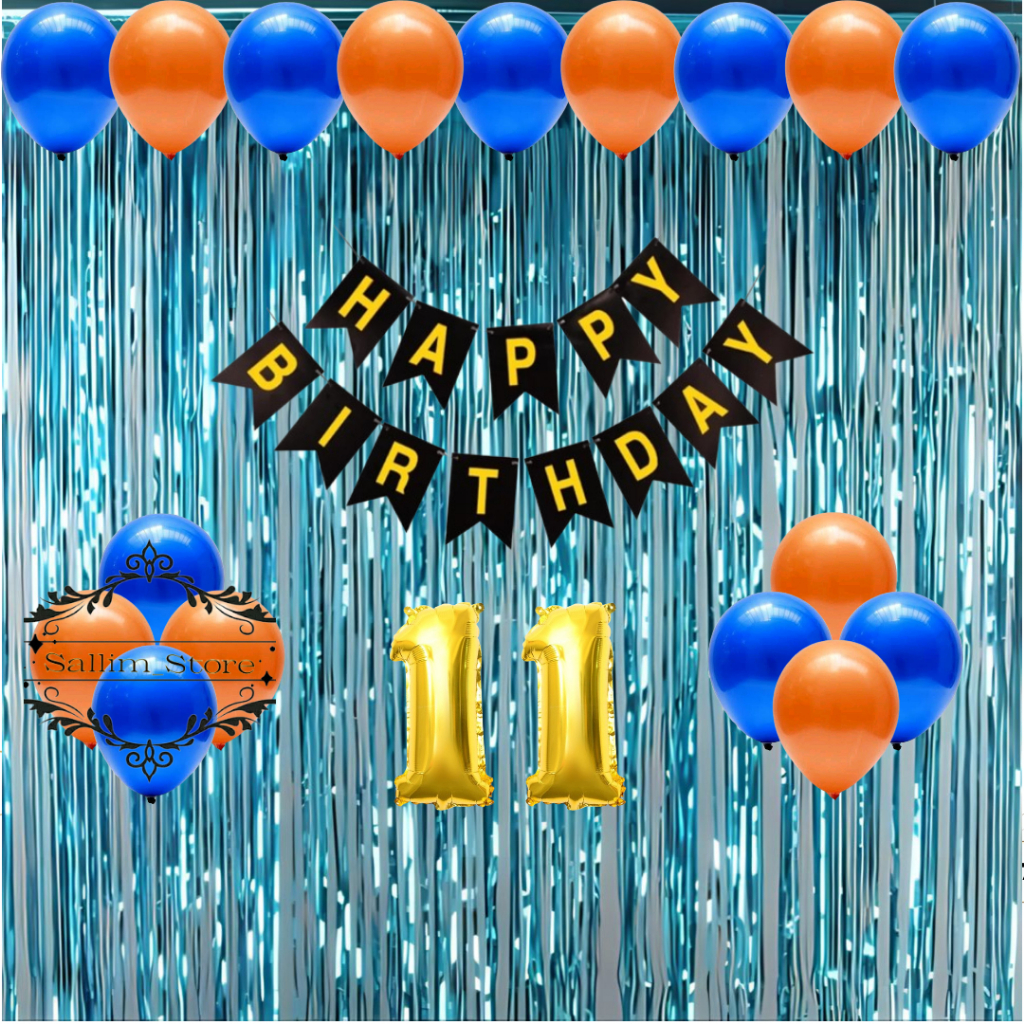 Paket Set Dekorasi Ulang Tahun Balon Orange Mix Biru Tua Backdrop Happy Birthday Party Anak & Dewasa