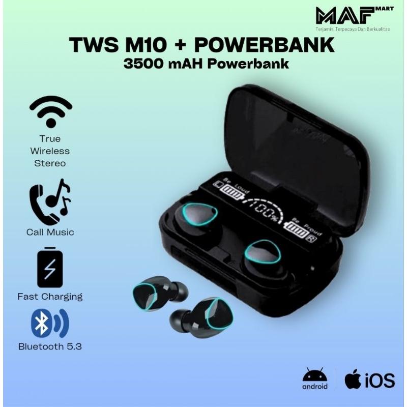 Earphone Tws M10 Powerbank Bluetooth V5.3 True Wireless Headset