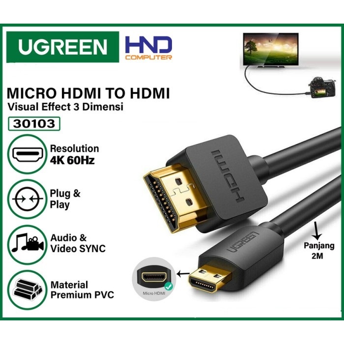 UGREEN Micro HDMI to HDMI Cable 2M (Black) - 30103
