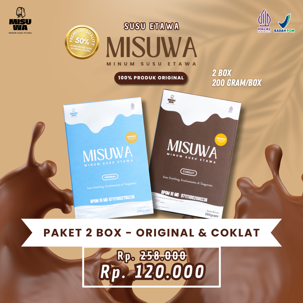 

Susu Kambing Etawa Bubuk RASA ORIGINAL & COKLAT [PAKET 2 BOX] 2x200GR Menjaga Kesehatan Tulang Melancarkan Sistem Pencernaan dan Kekebalan Tubuh | MISUWA