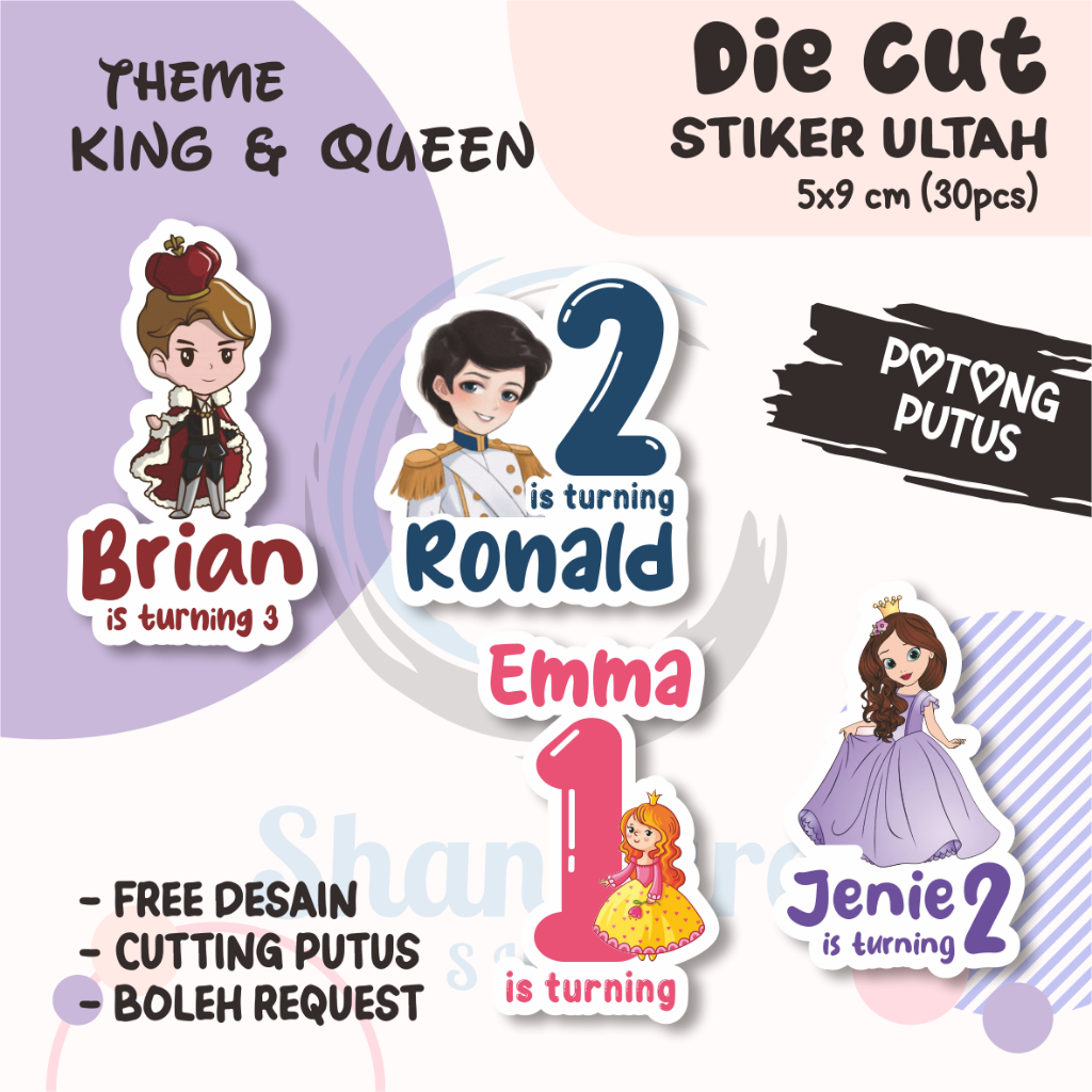 

( 30 PCS ) Stiker Ulang Tahun Anak THEME KING & QUEEN / Stiker Ulang Tahun DIE CUT / Stiker Ulang Tahun Custom / Stiker Ultah Waterproff