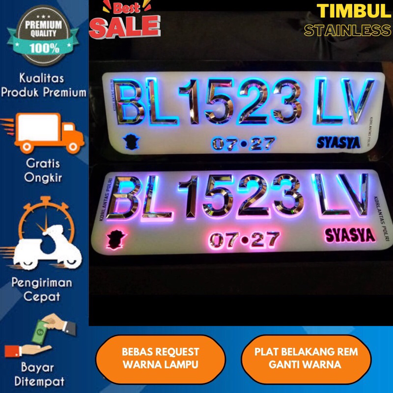 Plat Nomor Mobil Nyala Timbul Segilima Chrome & Gold