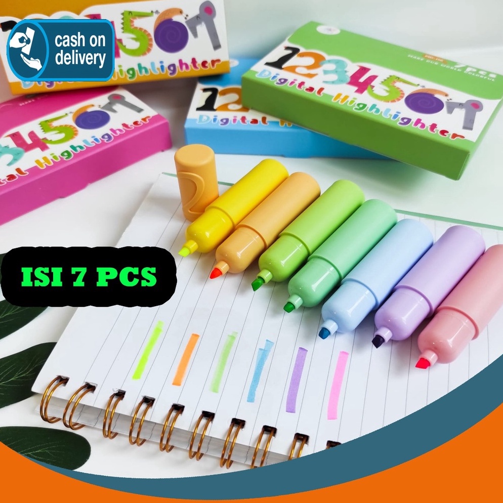 

SET HIGHLIGHTER ANGKA NOMOR 1 BOX ISI 7 PCS WARNA WARNI SPIDOL PASTEL STABILO a QM6