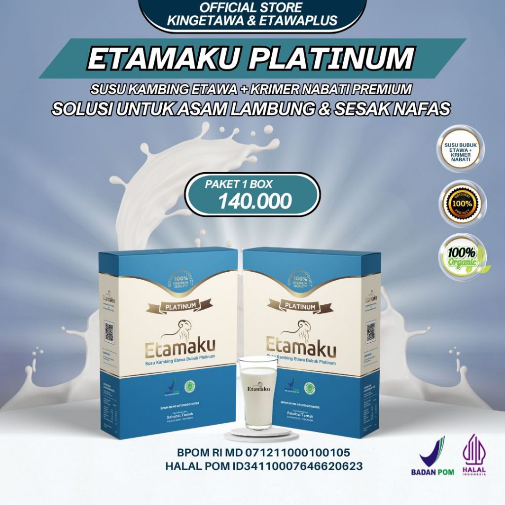 

Etamaku Platinum Susu Bubuk Kambing Etawa Untuk Sesak Nafas, Keluhan Pencernaan, Nyeri Sendi dan Osteoporosis Kemasan 250gram Paket 2 box