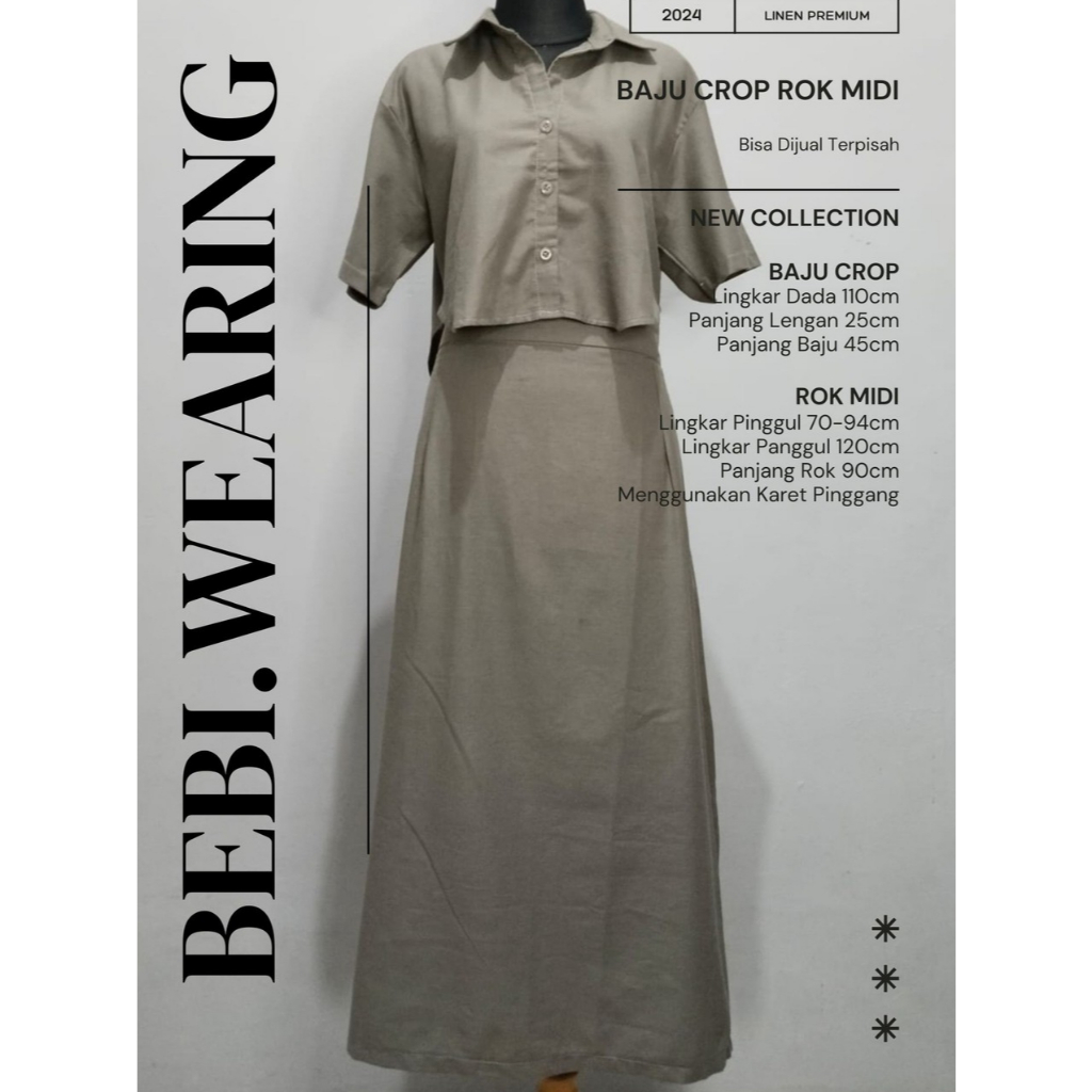 B.Wearing One Set Wanita/ One Set Linen Premium/Rok Midi/Croptop Linen/Setelan Wanita Linen Polos