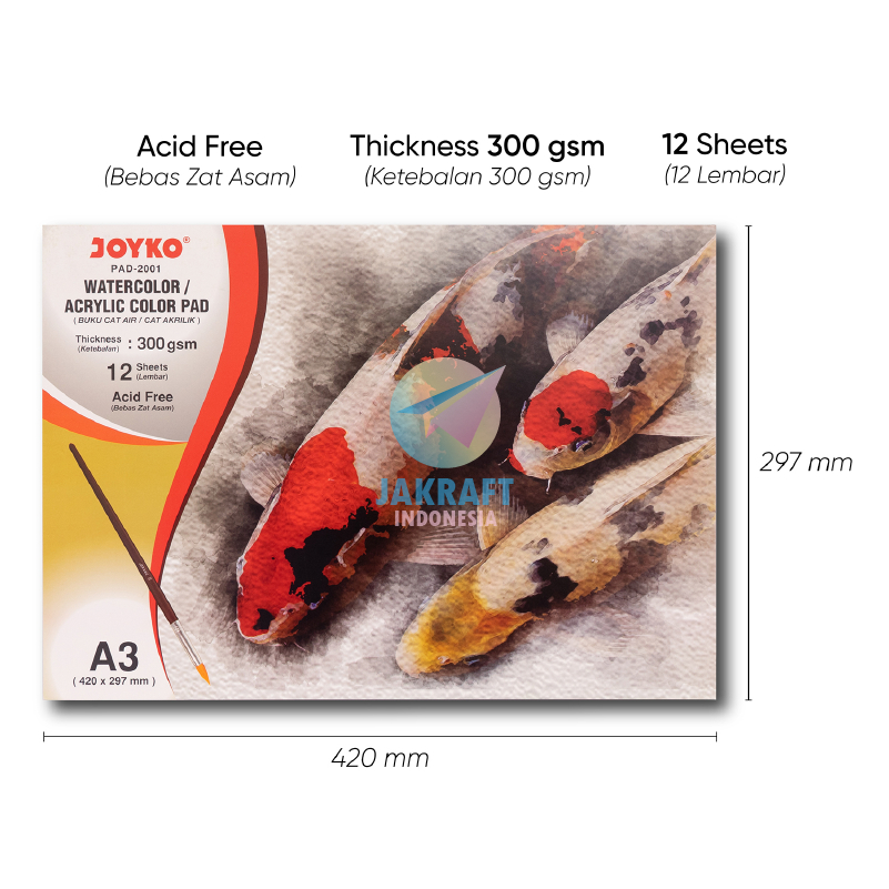

(12 Lembar) Kertas Karton Kanvas Lukis A3 Tebal 300 Gsm Cat Air Watercolor Acrylic Akrilik Pad JOYKO PAD-2001