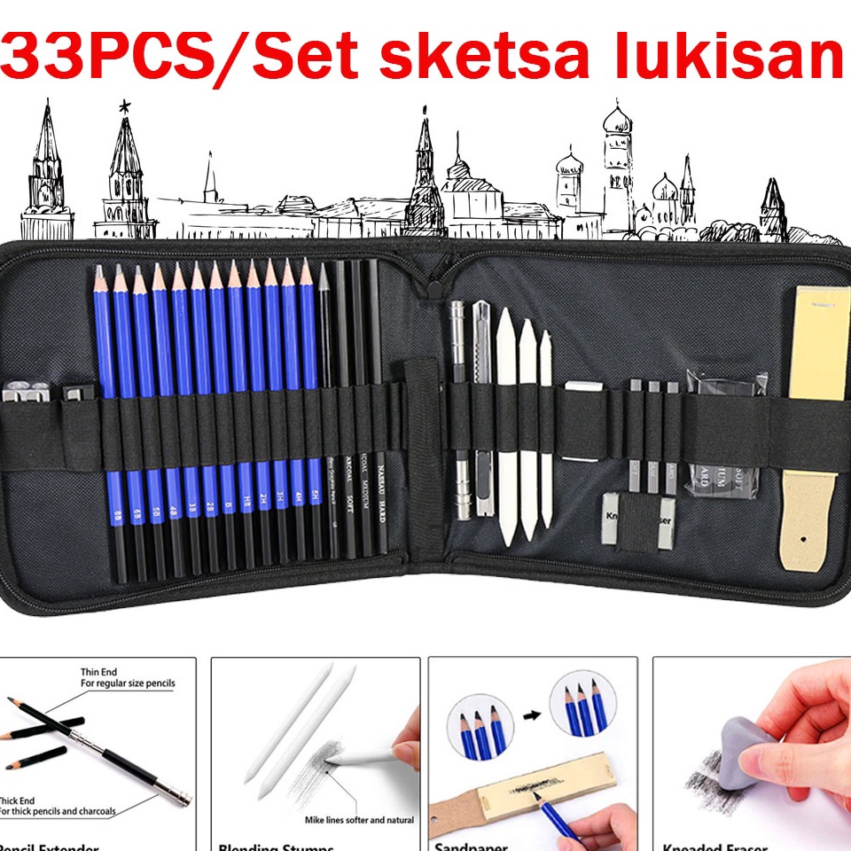 

33PCSSet Sketch Pencil Pisau Penghapus dan Pensil Gambar untuk Keperluan Sekolah Pencil Drawing Set q K7G2