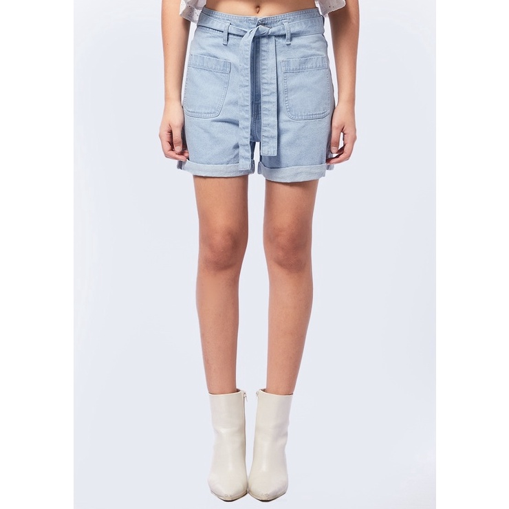 KODE A25F COLORBOX Knotted High Waist Denim Shorts Lt Blue