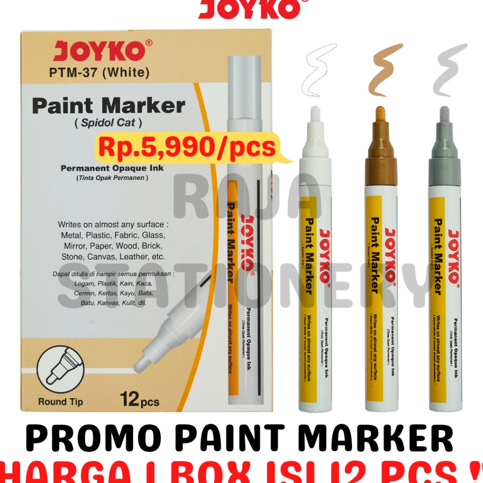

JOYKO PERMANENT PAINT MARKER WHITE GOLD SILVER BLACK SPIDOL KACA CAT PUTIH EMAS ABU HITAM 12PCS x B8C6
