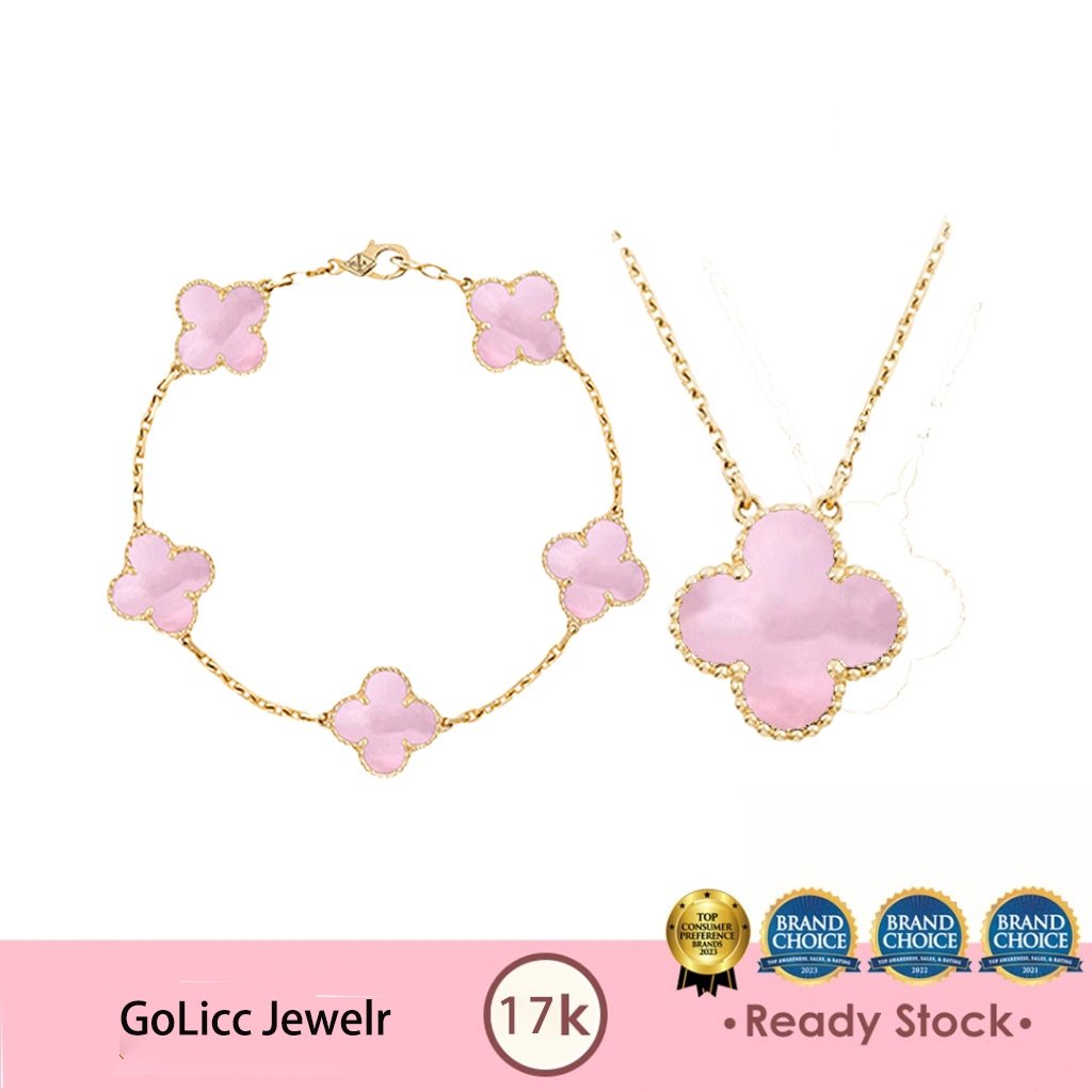 Perhiasan Wanita Emas 17K Set Kombinasi Gelang Liontin Kalung Merah Muda Dua Potong