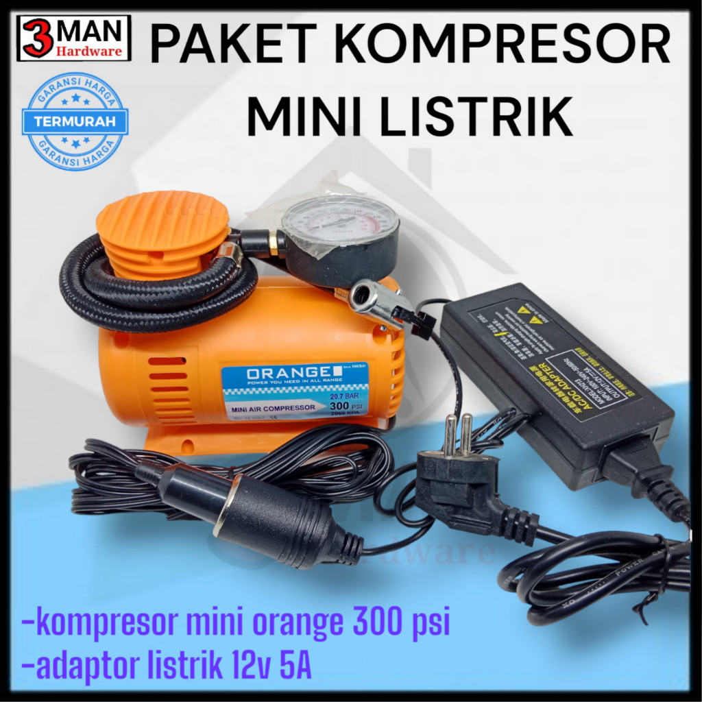 PAKET KOMPRESOR MINI LISTRIK ORANGE / POMPA BAN ELEKTRIK 300 PSI / KOMPRESOR PORTABEL
