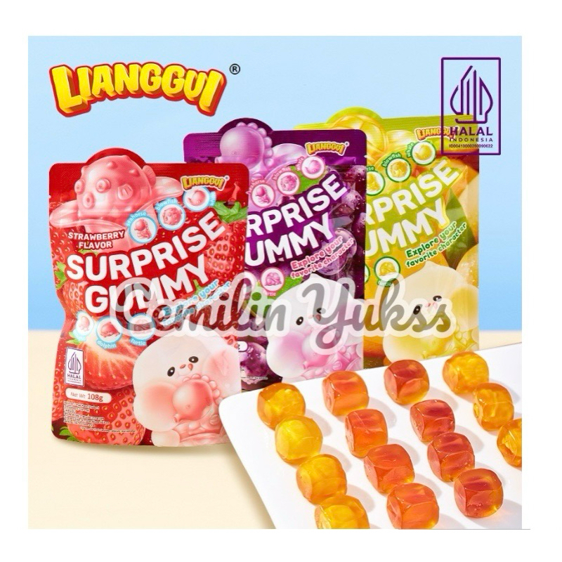 

Lianggui Surprise Gummy Candy 108g Permen Lunak Rasa Buah Strawbery Grape Manggo Permen Gummy Kupas Karakter