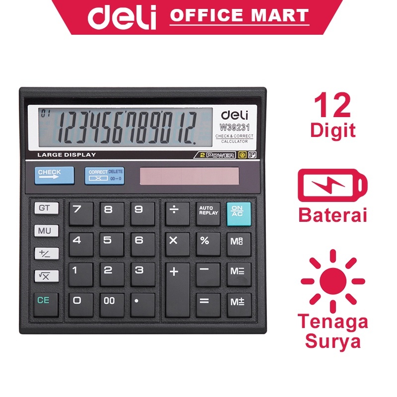 

Deli Kalkulator 12 Digit Kalkulator Mini 120 Langkah Cek Layar LCD Tenaga Baterai / Energi Cahaya Desktop Calculator W39231B