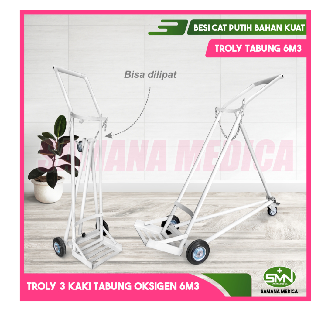 Troly Tabung Oksigen 6M3 KAKI 3 Besi Cat Putih Tulang Bahan Kuat