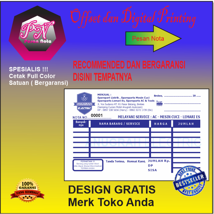 

Cetak Nota CUSTOM HVS 1 ply 1/3F