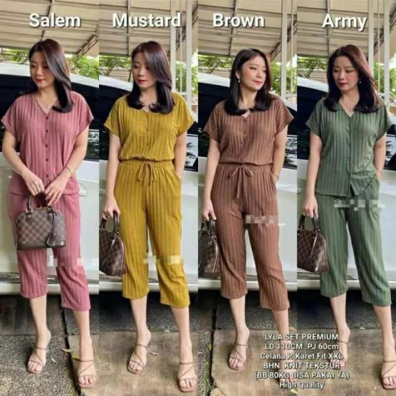 One set Lyla premium full kancing baju lengan pandek celana 7/8 setelan wanita terbaru