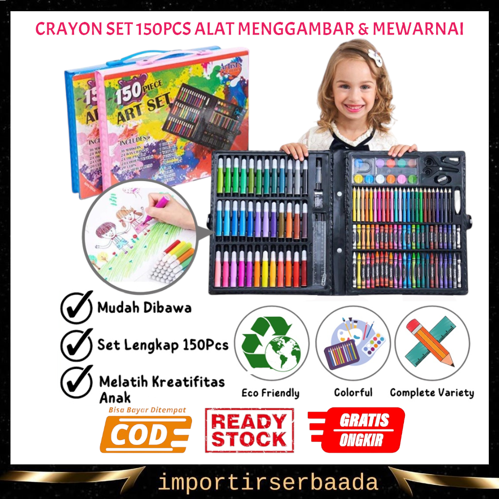 

IMP- Crayon Set 150pcs / Pensil Warna Spidol Krayon Cat Air Minyak Kuas Palet Water Colors Alat Menggambar Mewarnai Melukis Isi 150 pcs Anak Anak / Kit Art Supplies Painting Hadiah Kado Ulang Tahun Birthday Gift Pencil Colours Coloring Set Gambar Lukis Ma