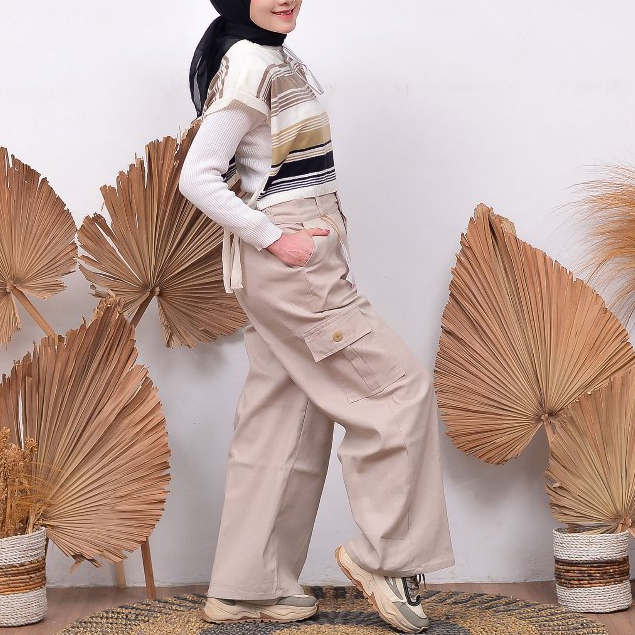 Celana Cargo Wanita Kulot Krem Chinos Twill Tebal