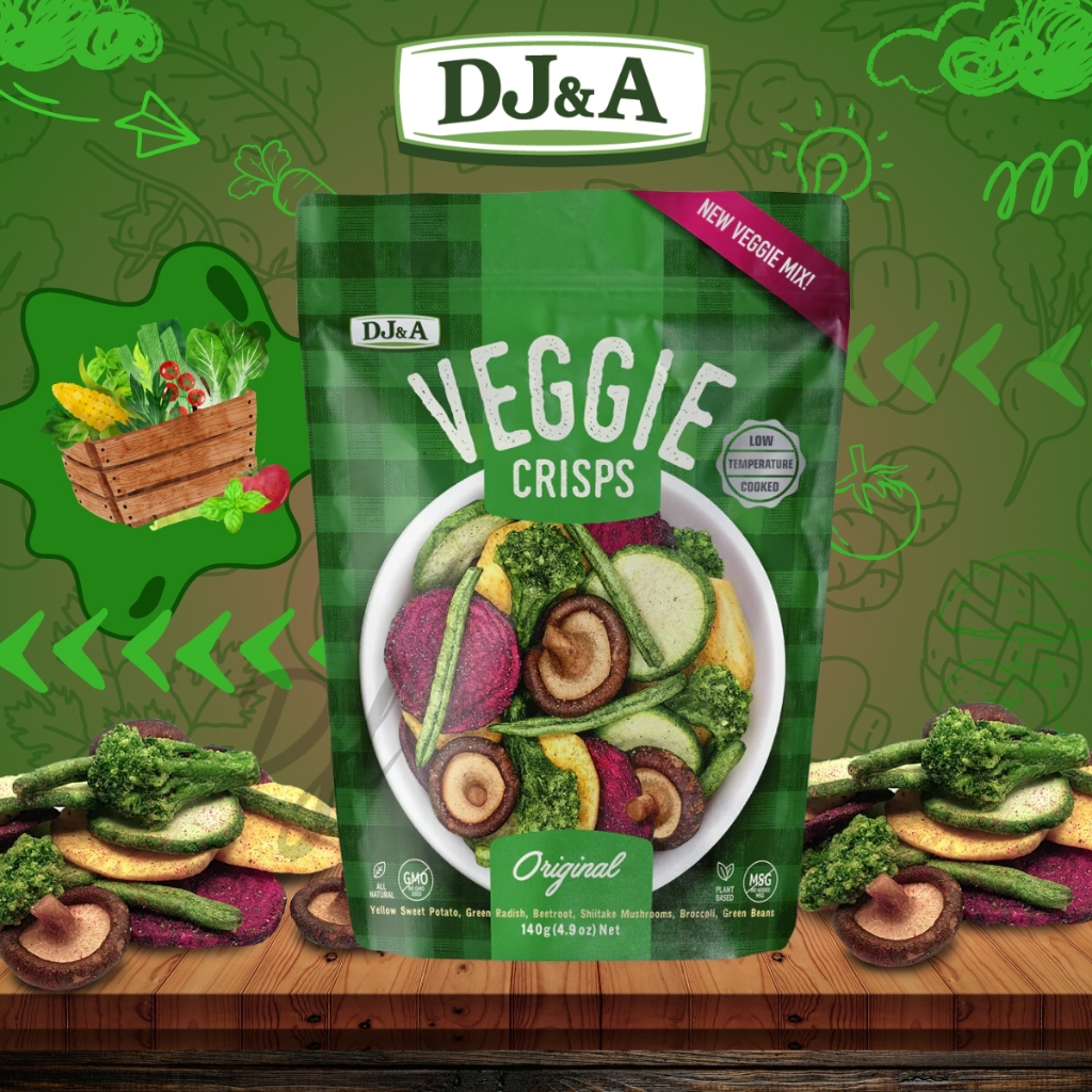 

DJ&A Veggie Crisps 140g 1 Pouch Snack Camilan Food Sayur Crispy Kering Dengan Rasa Asin Umbi-Umbian Import