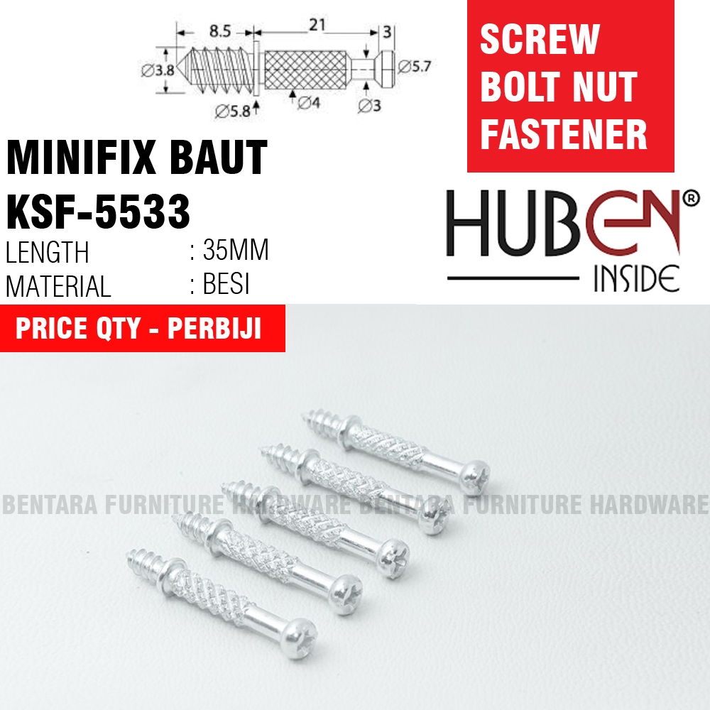 HUBEN KSF-5533-9 BAUT SKRUP 35MM - MINIFIX KNOCKDOWN BAUT FURNITURE LEMARI